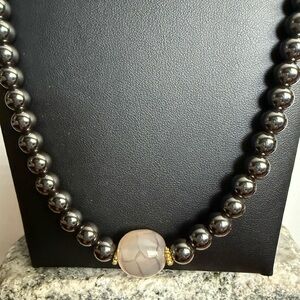 Elegant  Hematite Beaded Necklace with Gold Accents and stretch Bracelet